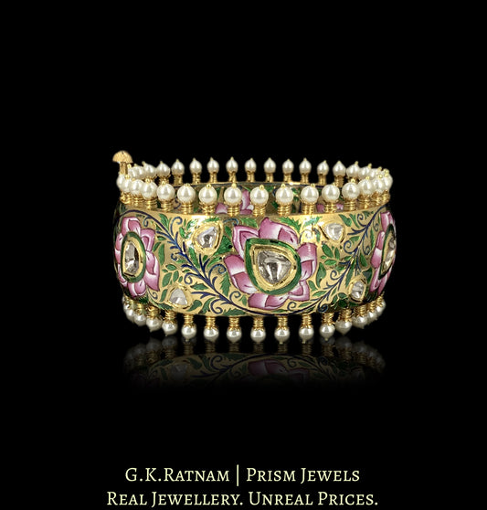 22k Gold and Diamond Polki Broad Bangle with intricate enamelling