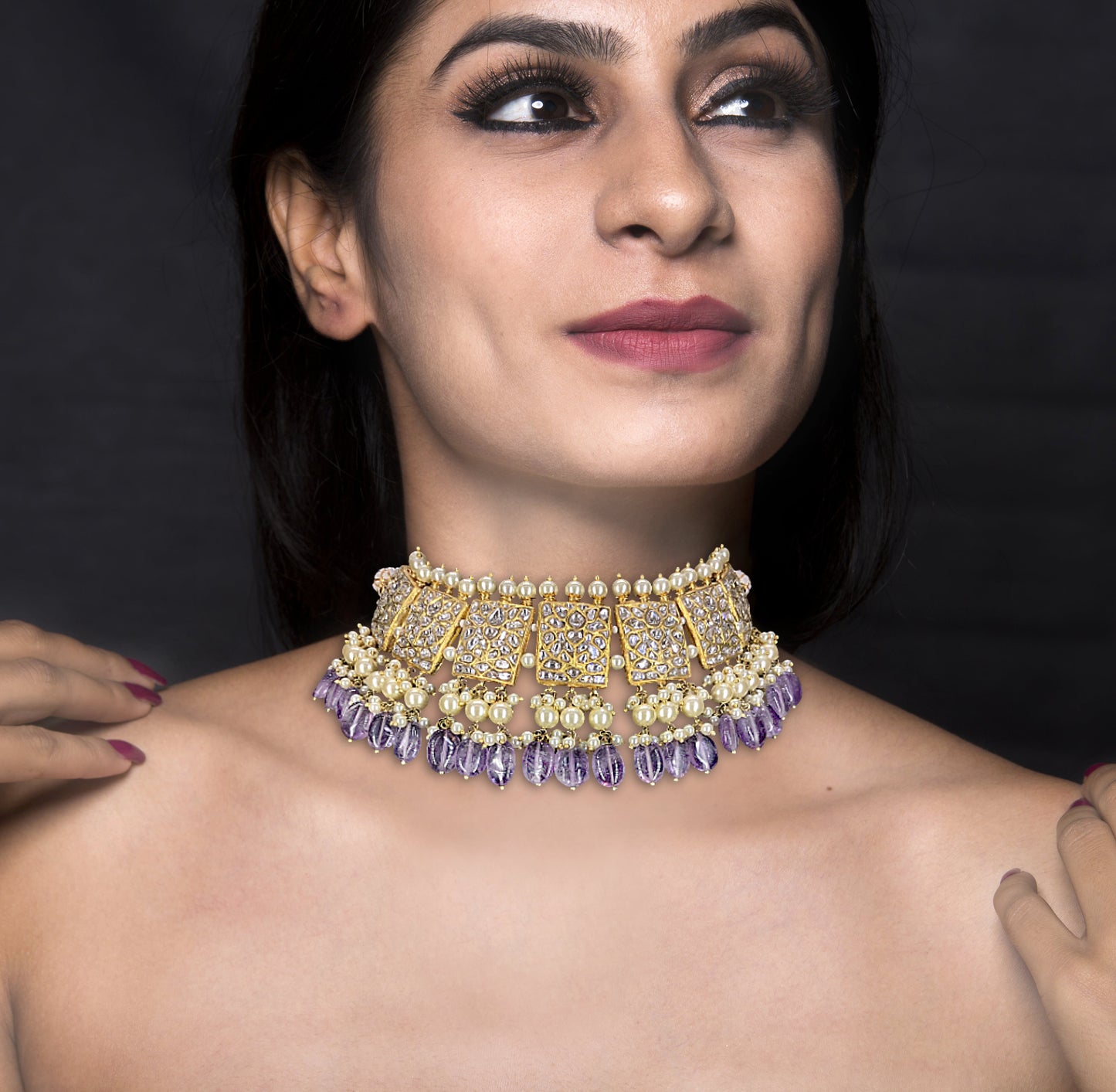 23k Gold and Diamond Polki Choker Necklace Set with Amethysts and Pearls