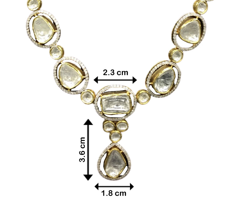14k Gold and Diamond Polki Fusion Single Line Necklace Set with big uncut diamonds surrounded by cut diamonds - G. K. Ratnam