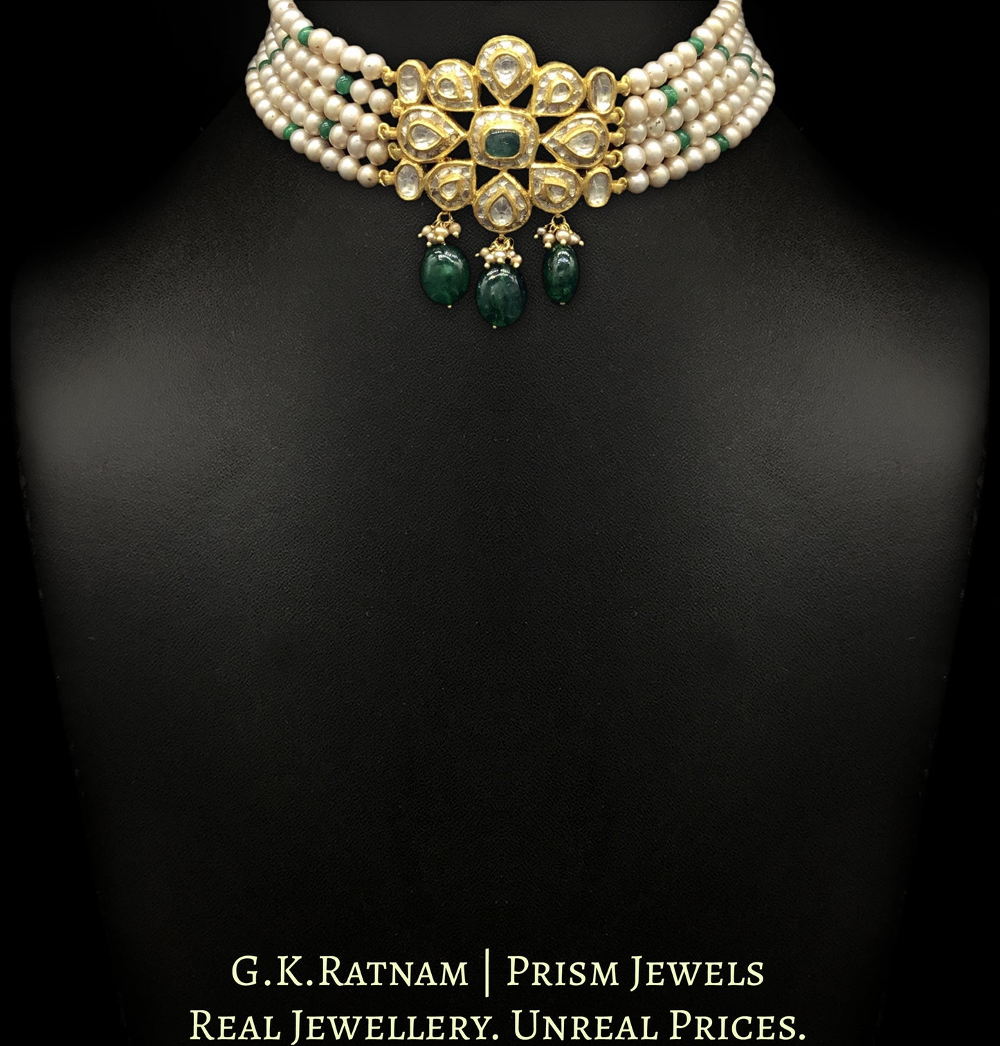 18k Gold and Diamond Polki Choker Necklace With Antiqued Freshwater Pearls and Green Beryls
