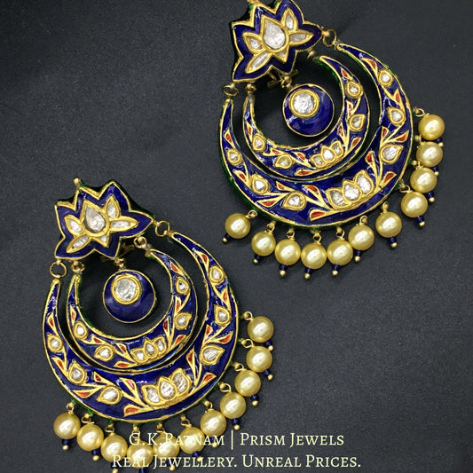 23k Gold and Diamond Polki Chand Bali Earring Pair with royal blue enamelling - G. K. Ratnam