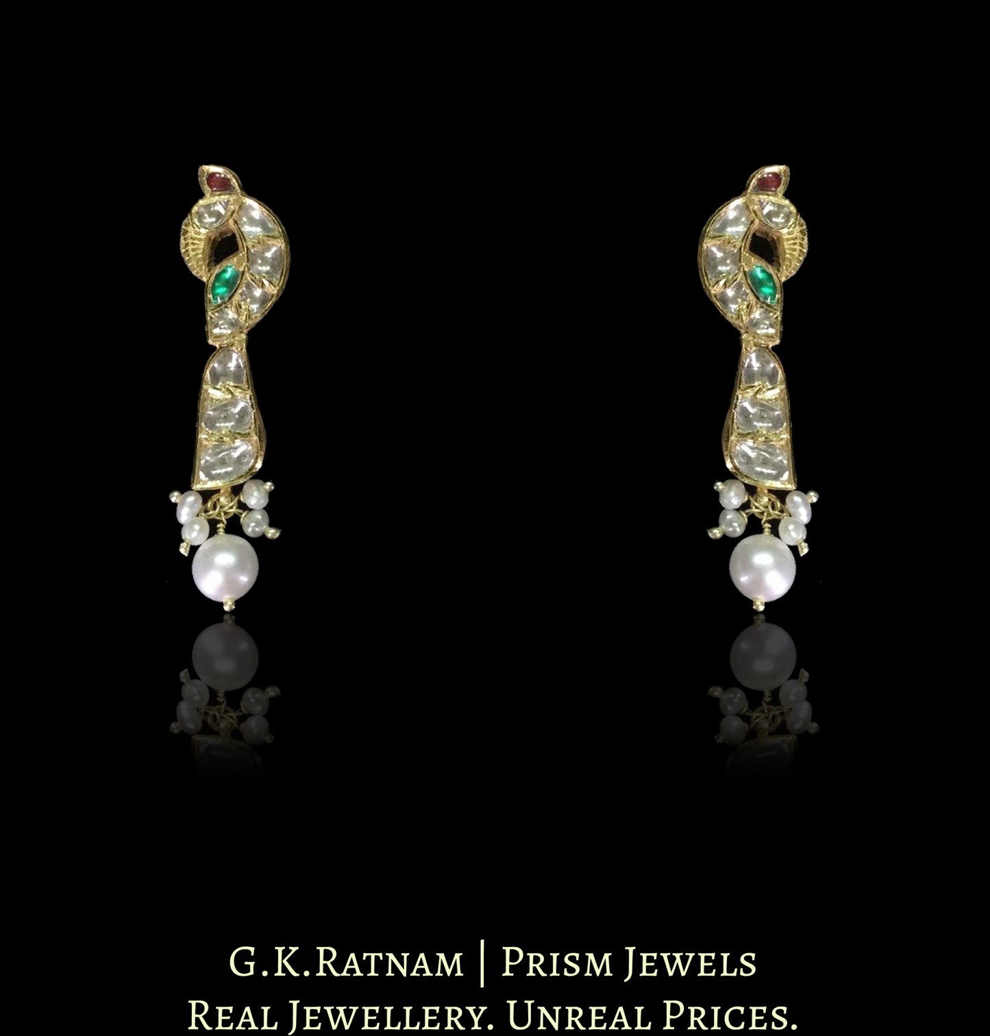 18k Gold and Diamond Polki Choker Necklace Set with Peacock Motifs strung in Natural Freshwater Pearls