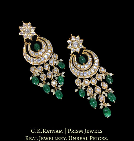 18k Gold and Diamond Polki Chand Bali Earring Pair with emerald grade green beryls - G. K. Ratnam