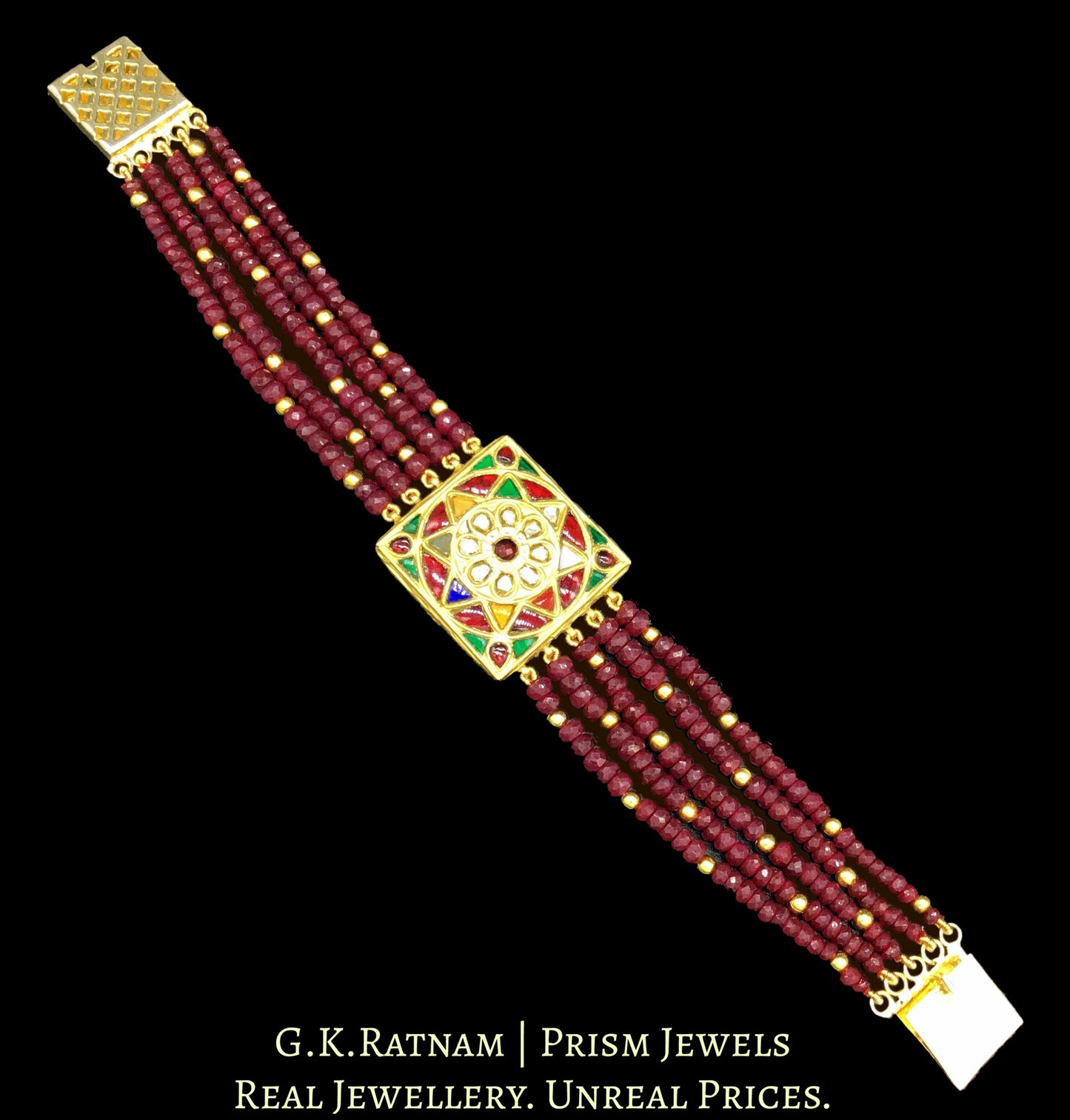 23k Gold and Diamond Polki watch-like Bracelet with Rubies