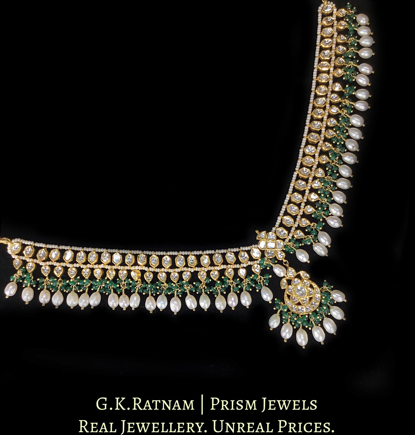 22k Gold and Diamond Polki Matha Patti enhanced with elongated pearls and a hint of green