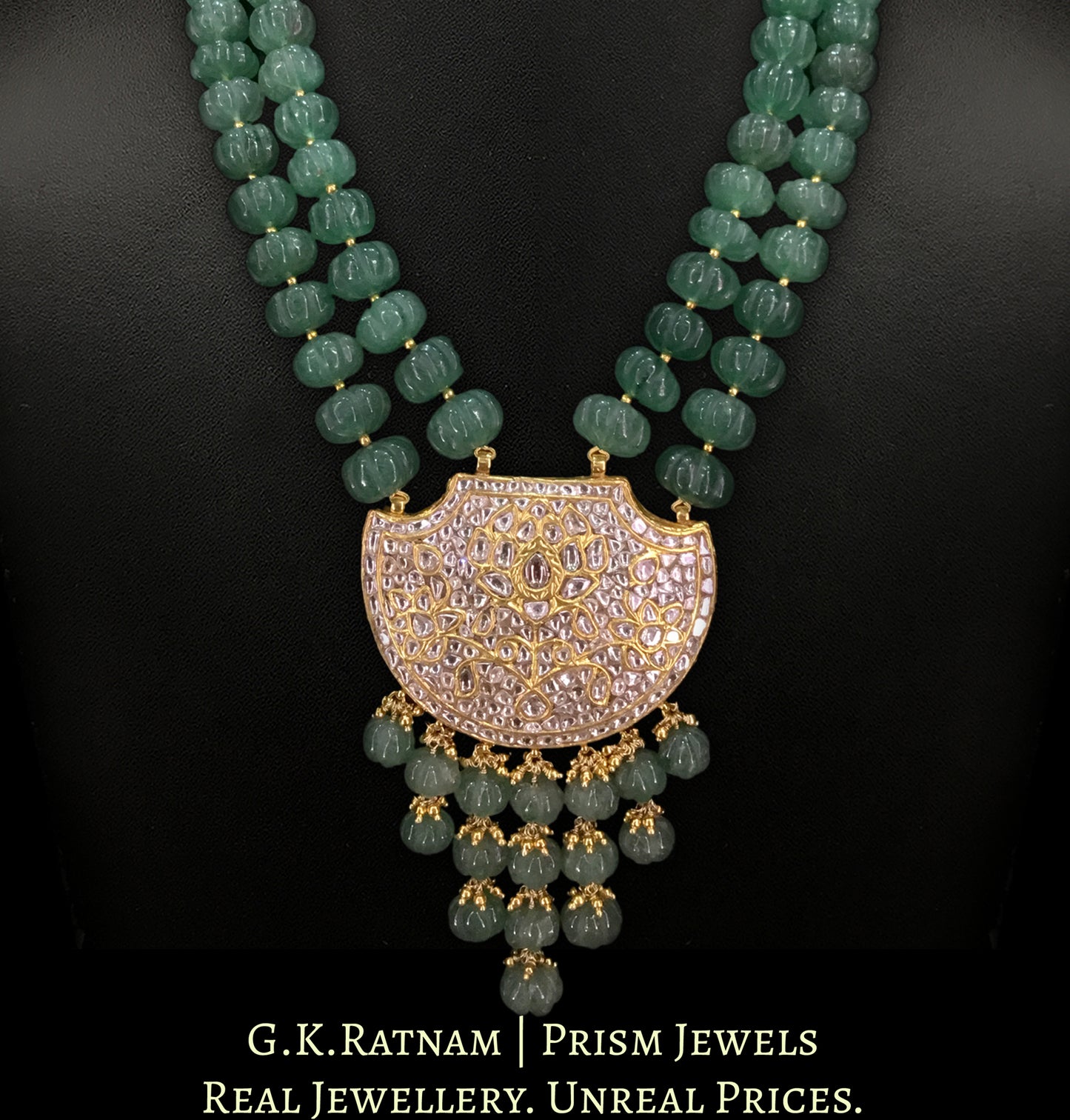 23k Gold and Diamond Polki Pankhi (fan) Pendant strung with hand carved Strawberry Quartz Melons