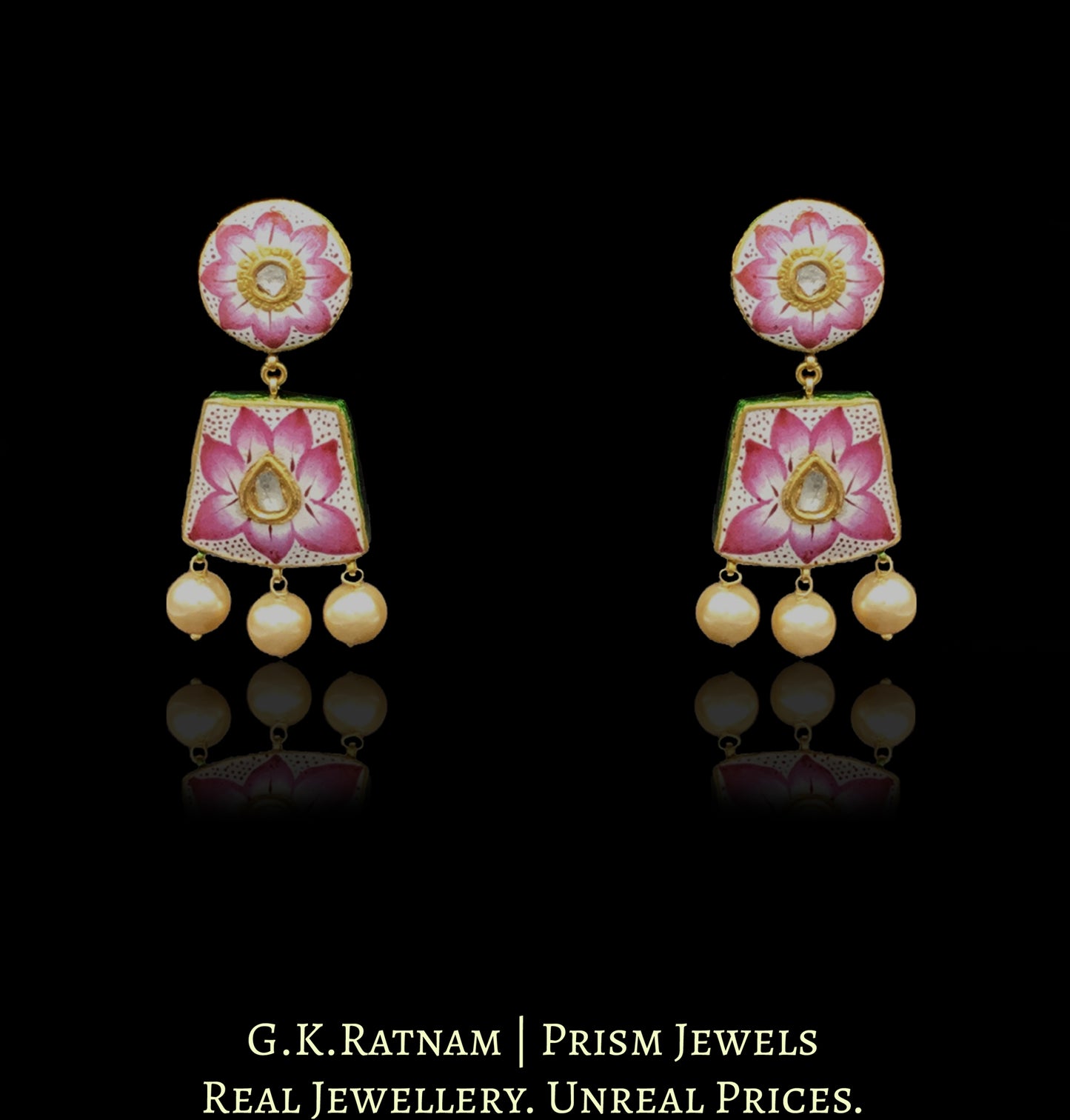 18k Gold and Diamond Polki Pink Enamel Necklace Set with lotus motifs - G. K. Ratnam