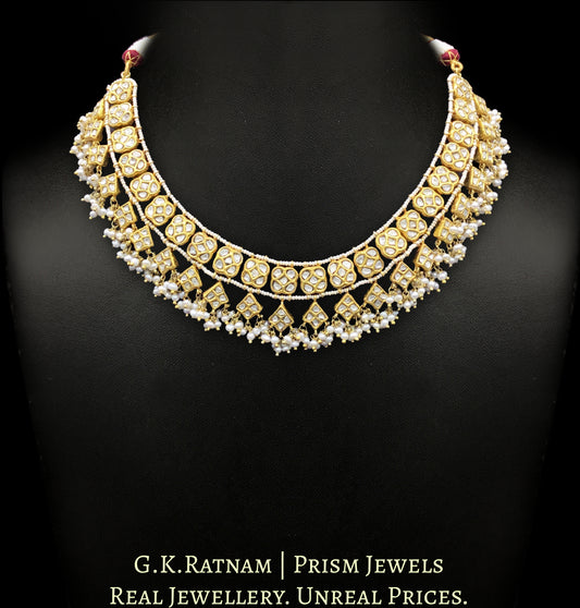 23k Gold and Diamond Polki Necklace Set with Natural Hyderabadi pearl clusters - G. K. Ratnam