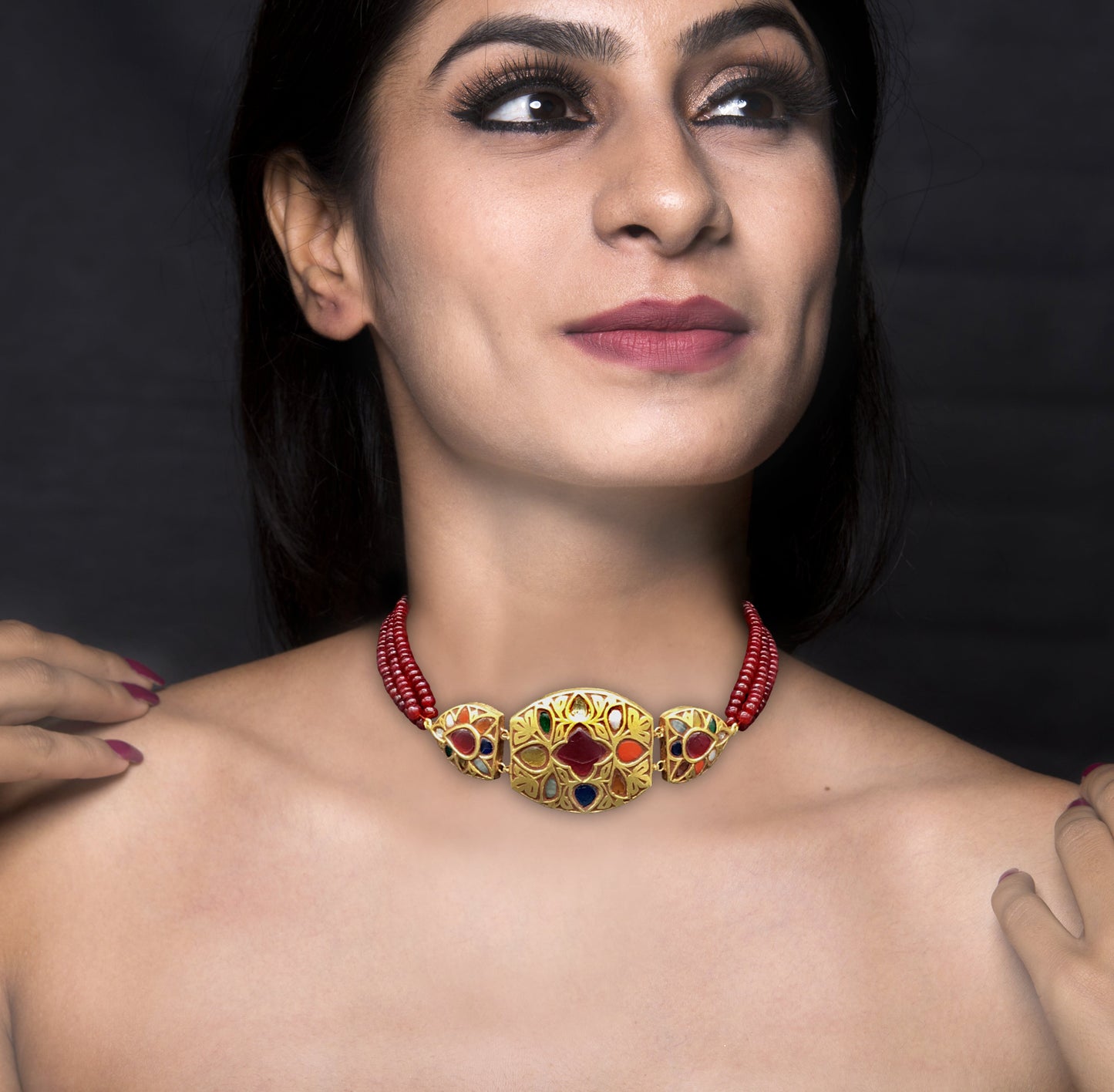 23k Gold and Diamond Polki Navratna Choker Necklace with Rubies