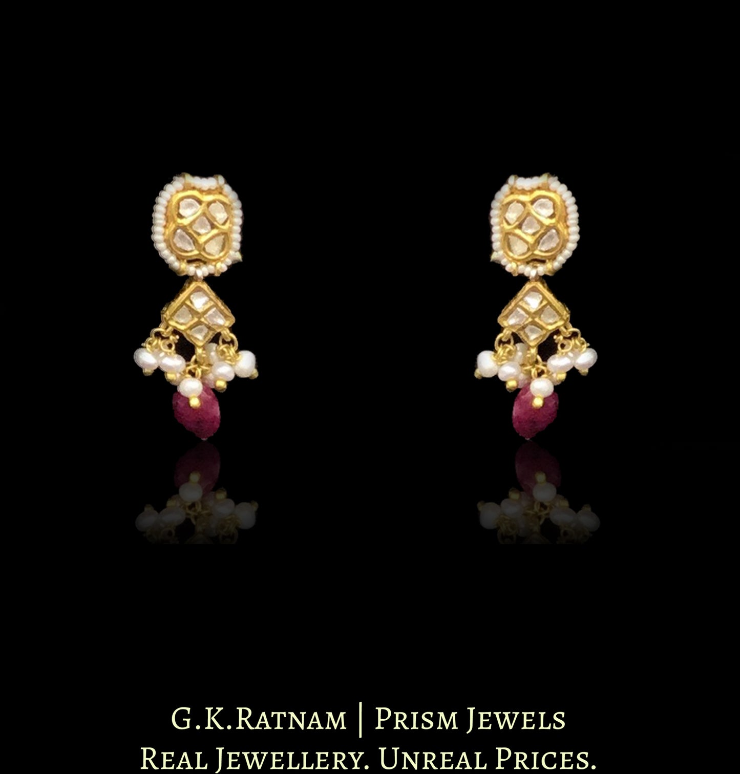 23k Gold and Diamond Polki Necklace Set with Natural Rubies and Freshwater Pearls - G. K. Ratnam