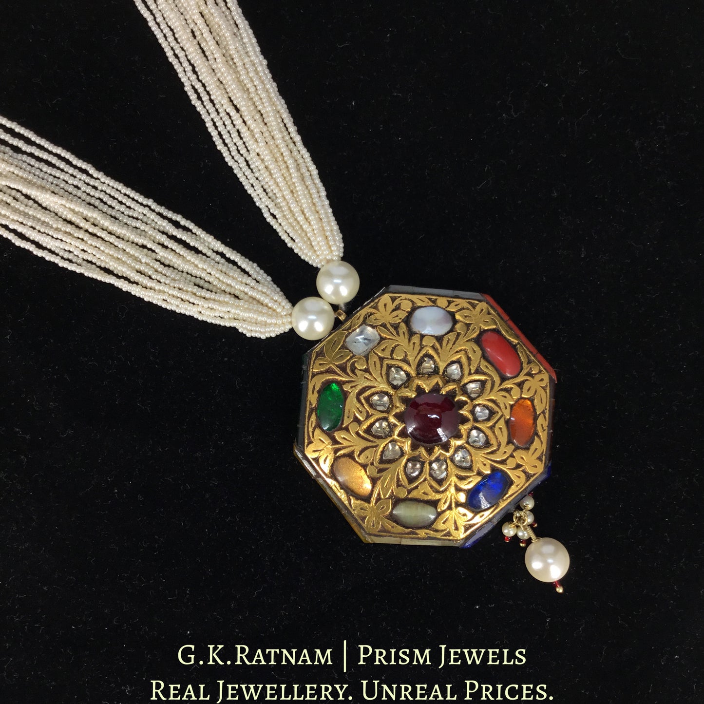 23k Gold and Diamond Polki Octagonal Navratan Pendant With chid pearl bunches - G. K. Ratnam