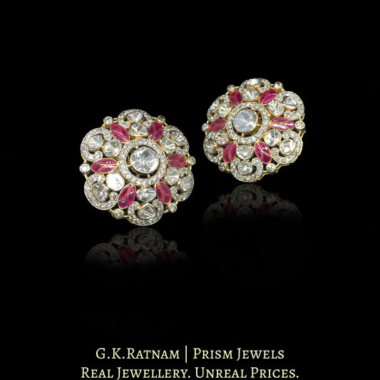 14k Gold and Diamond Polki Open Setting Karanphool Earring Pair with Rubies
