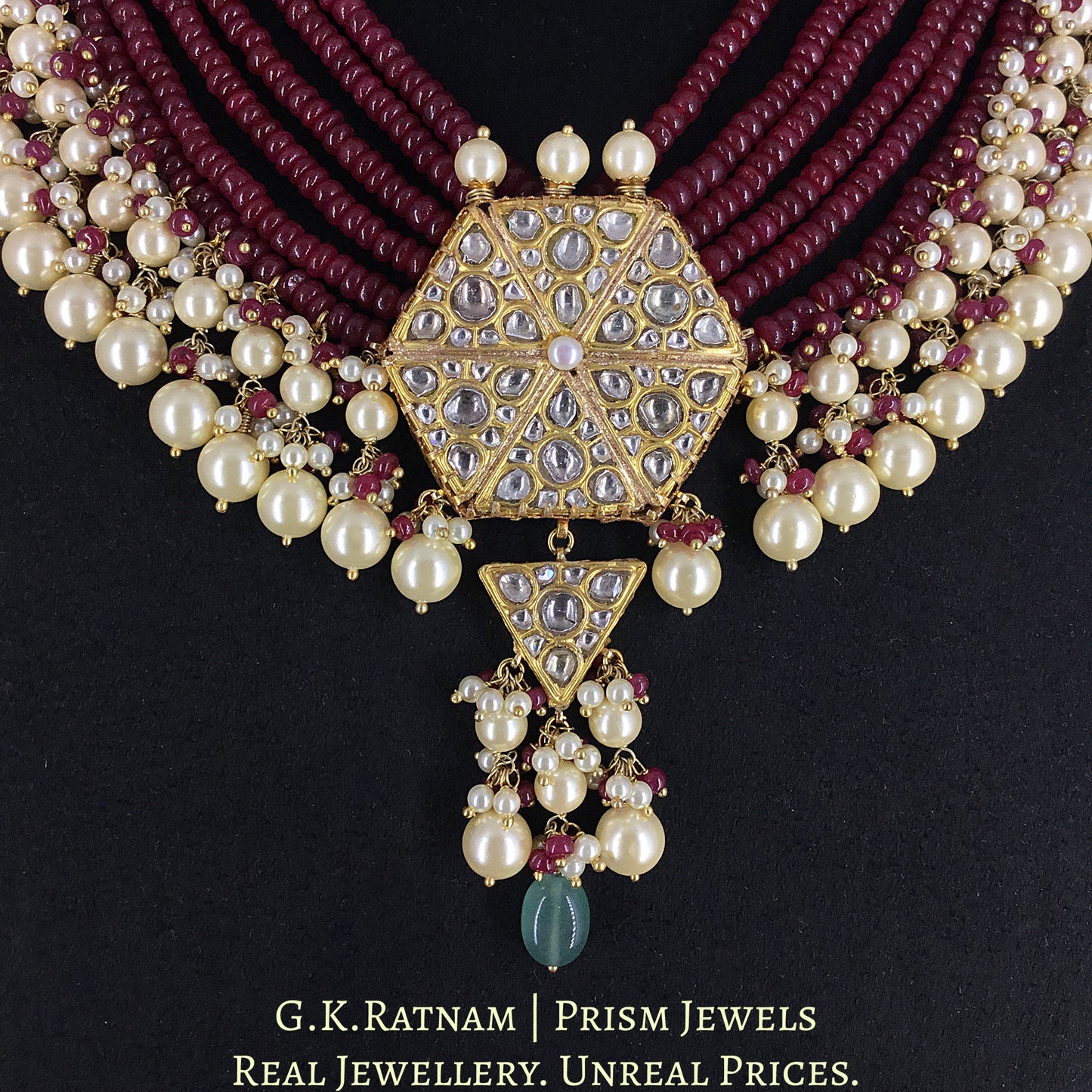 23k Gold and Diamond Polki Pendant Set with Rubies