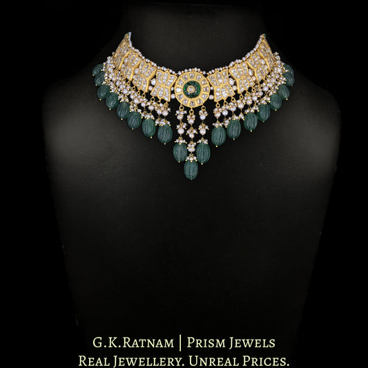 23k Gold and Diamond Polki Choker Necklace Set with basra-like Antiqued Pearls and hand-carved Melons