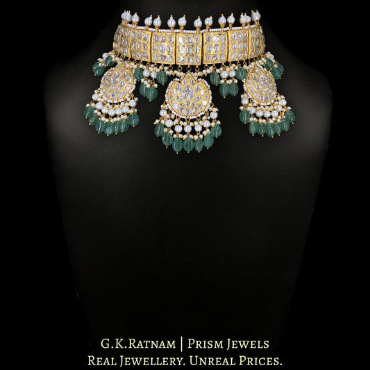 23k Gold and Diamond Polki Choker Necklace Set with Chand Hangings