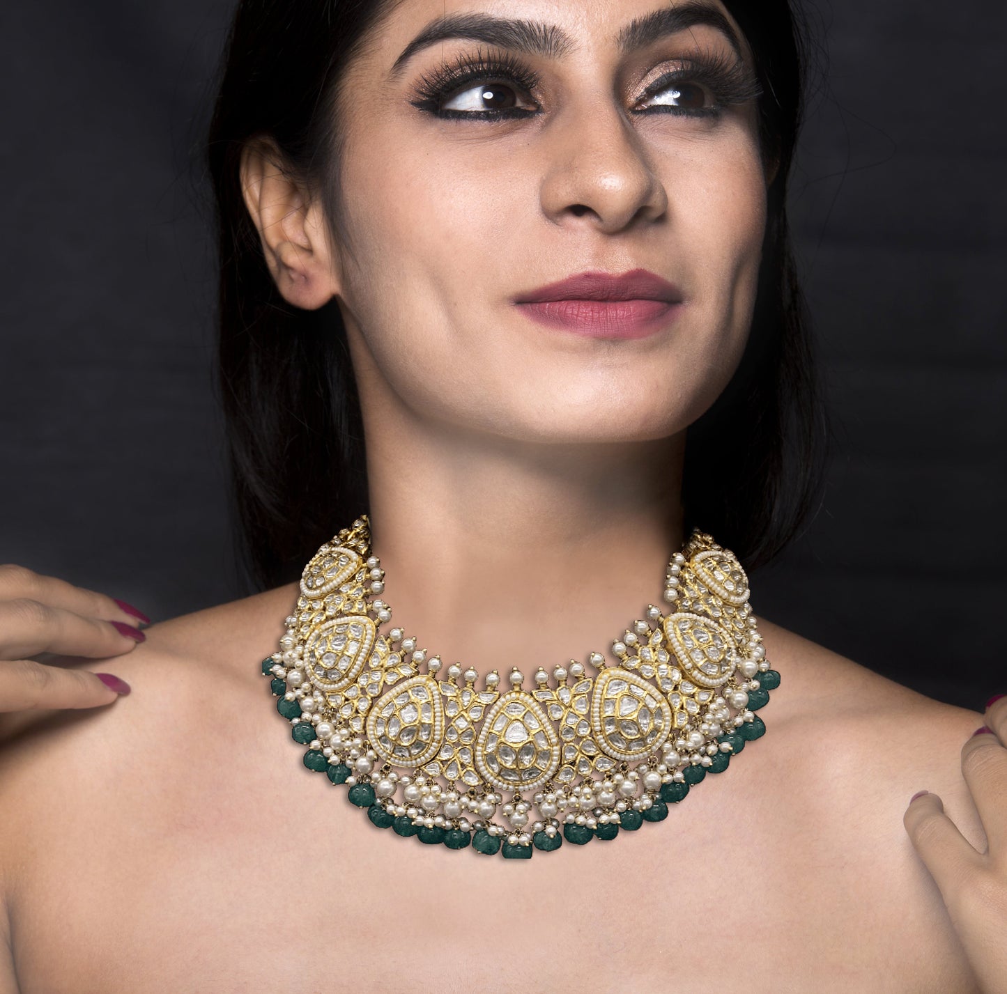 18k Gold and Diamond Polki Necklace Set With Pearls and emerald-green Carved Melons - G. K. Ratnam