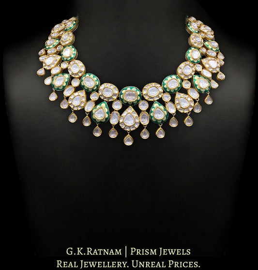 18k Gold and Diamond Polki Necklace Set with floral green enamelling - G. K. Ratnam