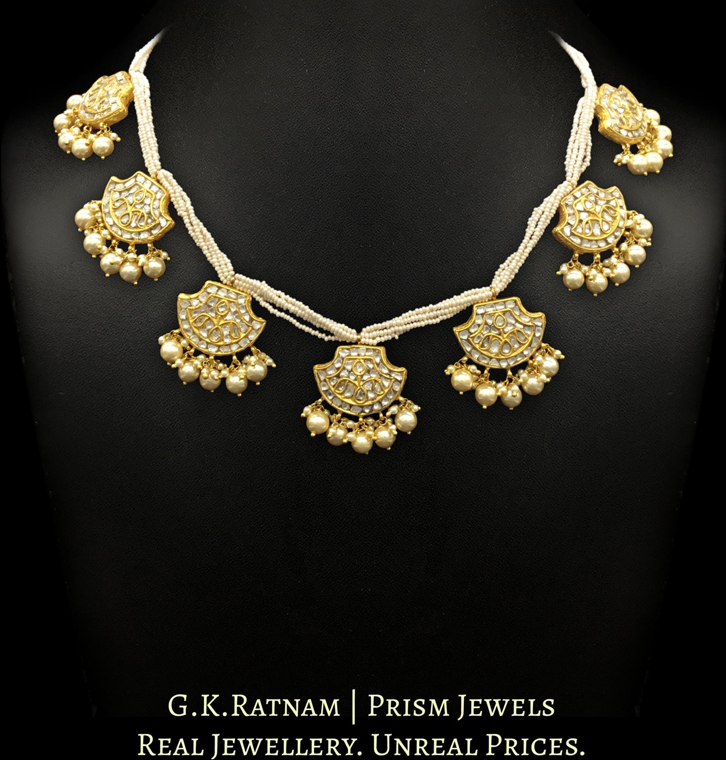 23k Gold and Diamond Polki Pankhi (fan) Necklace with Chid Pearl bunches - G. K. Ratnam