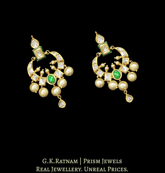 18k Gold and Diamond Polki Chand Bali Earring Pair with a hint of green meenakari - G. K. Ratnam