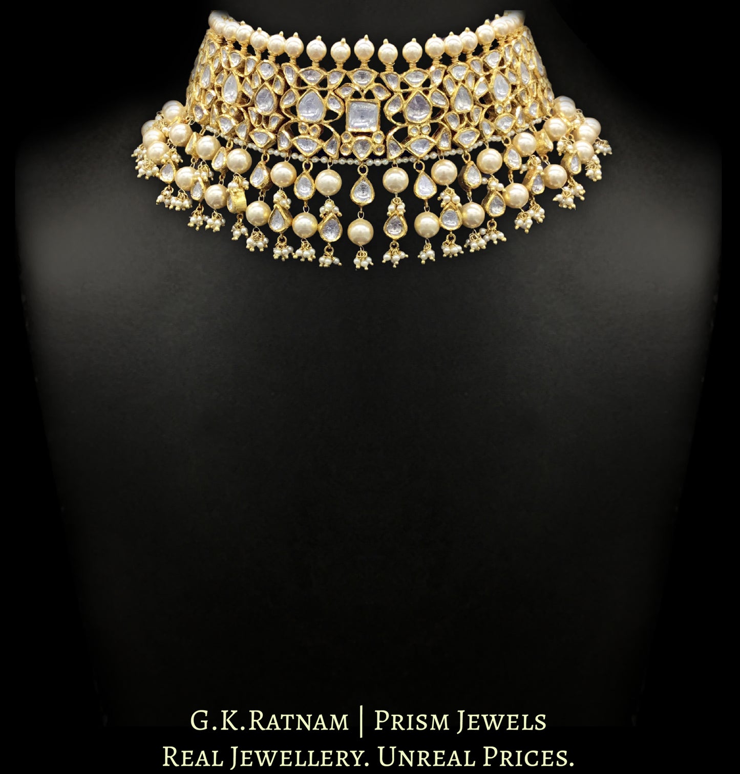 18k Gold and Diamond Polki Choker Necklace with shiny pearls alternating with uncut drops - G. K. Ratnam