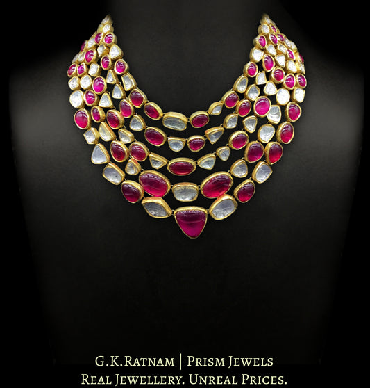 18k Gold and Diamond Polki five-row Necklace with natural rubies and big uncuts - G. K. Ratnam
