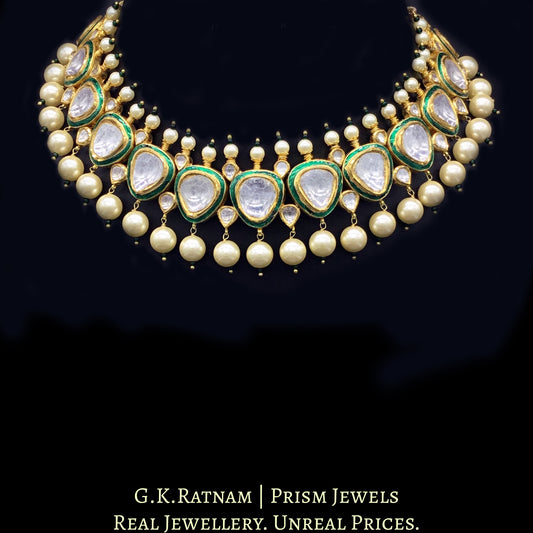18k Gold and Diamond Polki green-enamel Necklace Set with big uncut diamonds