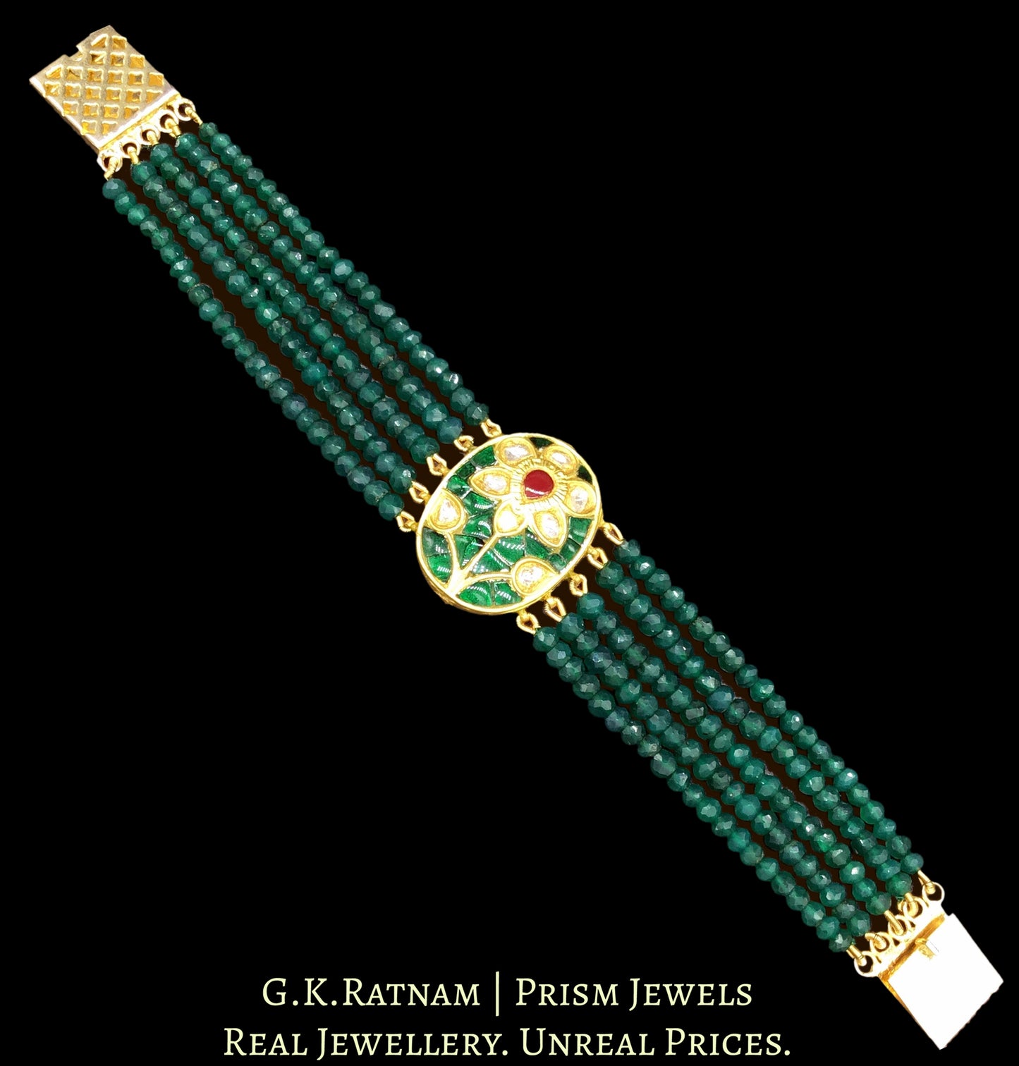 23k Gold and Diamond Polki watch-like Bracelet with green onyx beads - G. K. Ratnam