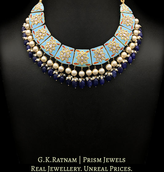 23k Gold and Diamond Polki firoza Necklace Set with natural blue sapphires - G. K. Ratnam