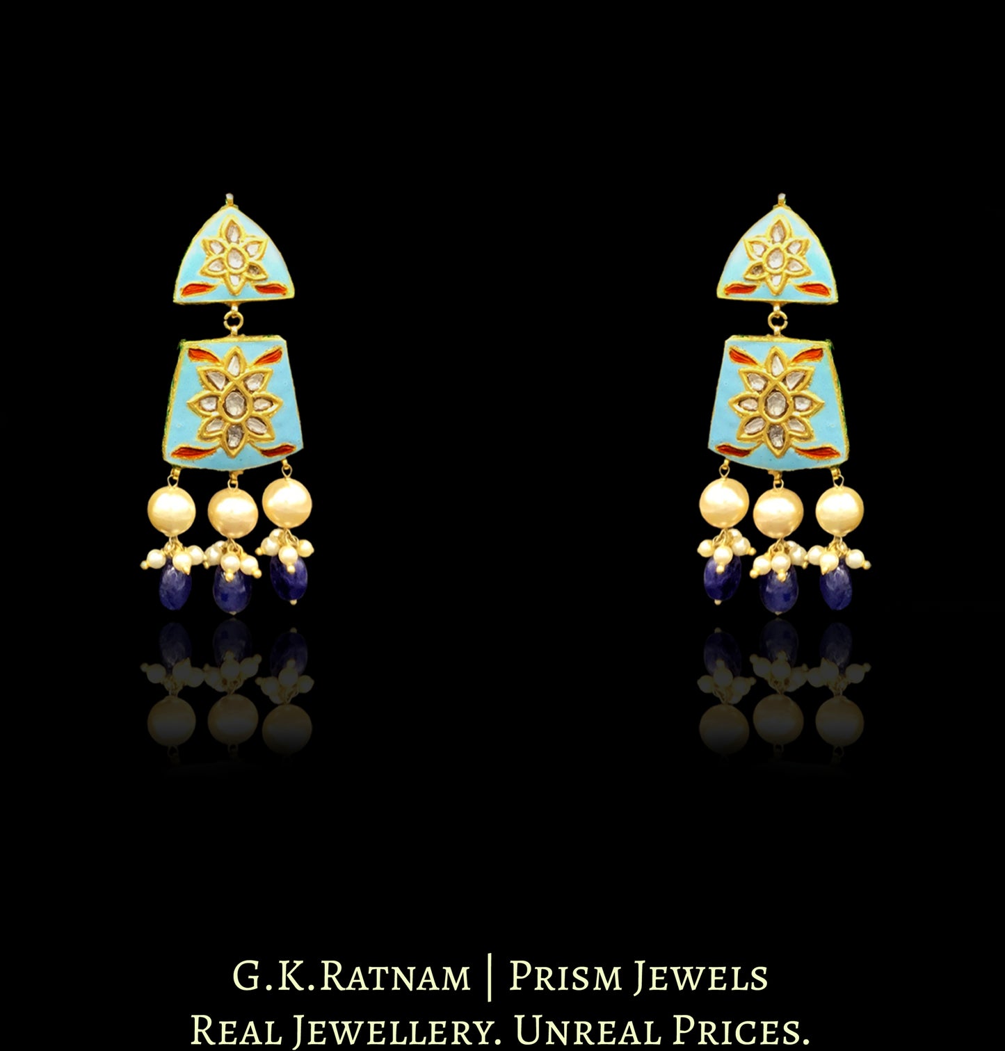 23k Gold and Diamond Polki firoza Necklace Set with natural blue sapphires - G. K. Ratnam