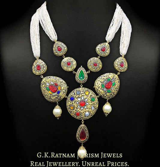 23k Gold and Diamond Polki hybrid Antique Navratna Necklace with tiny chid pearls - G. K. Ratnam