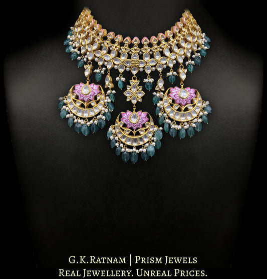 22k Gold and Diamond Polki pink enamel Choker Necklace with lustrous pearls and green beryls