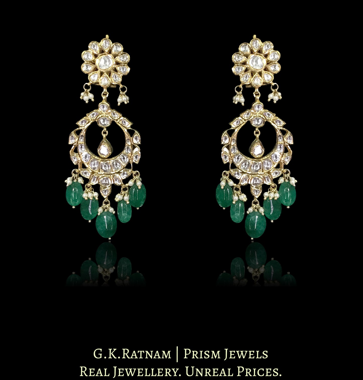 18k Gold and Diamond Polki Choker Necklace Set with emerald-grade beryls and polki drops - G. K. Ratnam