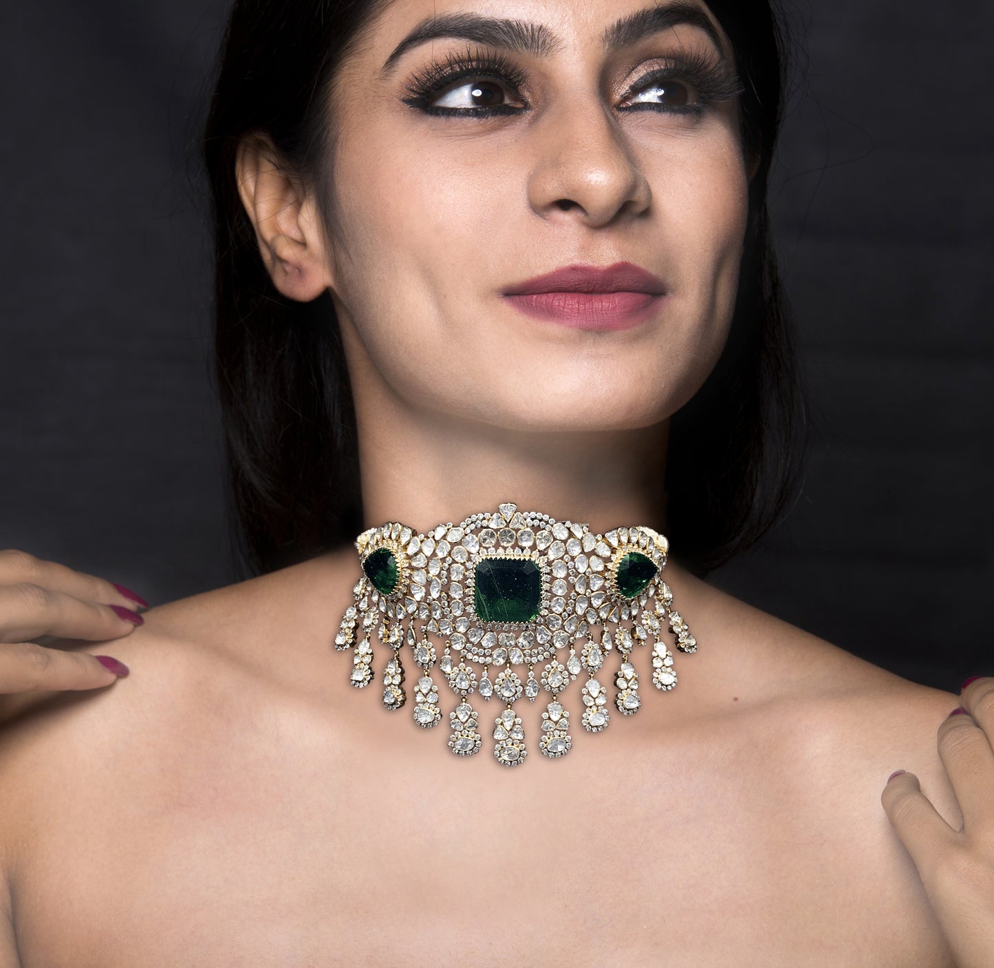 18k Gold and Diamond Polki Open Setting Choker Necklace Set with pipe-set Diamonds