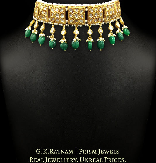 23k Gold and Diamond Polki square Choker Necklace Set with pear uncut hangings - G. K. Ratnam