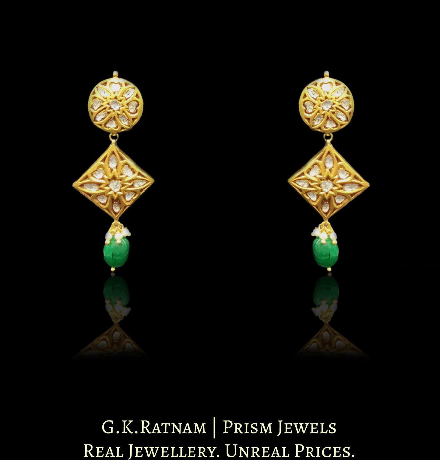 23k Gold and Diamond Polki square Choker Necklace Set with pear uncut hangings - G. K. Ratnam