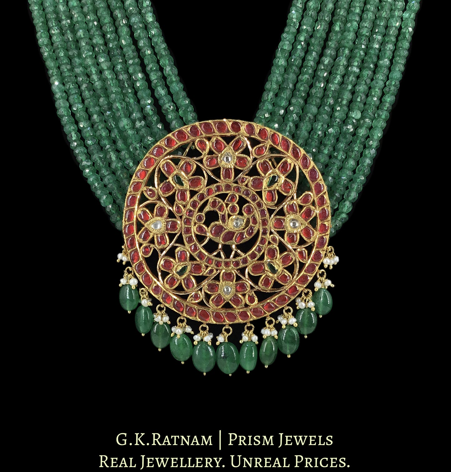 18k Gold and Diamond Polki south-style Round Pendant strung in emerald-grade Green Beryls - G. K. Ratnam