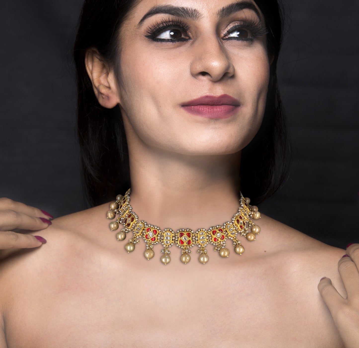 23k Gold and Diamond Polki south-style Choker Necklace Set with Antiqued Hyderabadi Pearls