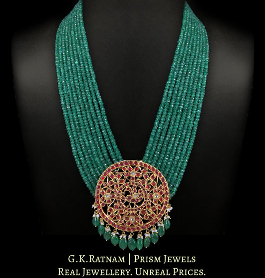 18k Gold and Diamond Polki south-style Round Pendant strung in emerald-grade Green Beryls - G. K. Ratnam