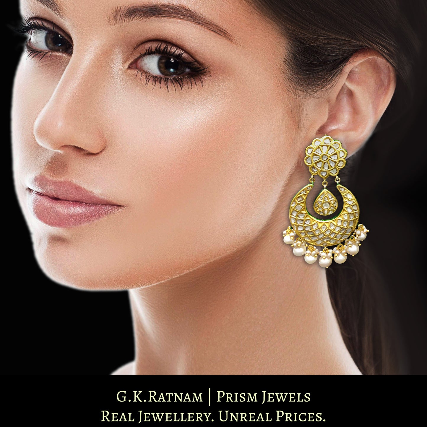 23k Gold and Diamond Polki Chand Bali Earring Pair with triple-coated shell pearls