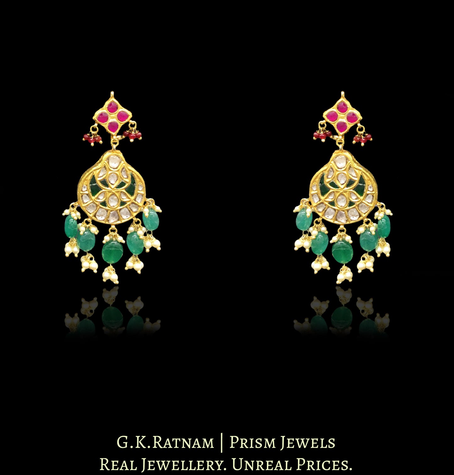 23k Gold and Diamond Polki boat-style Choker Necklace Set with Green Beryls