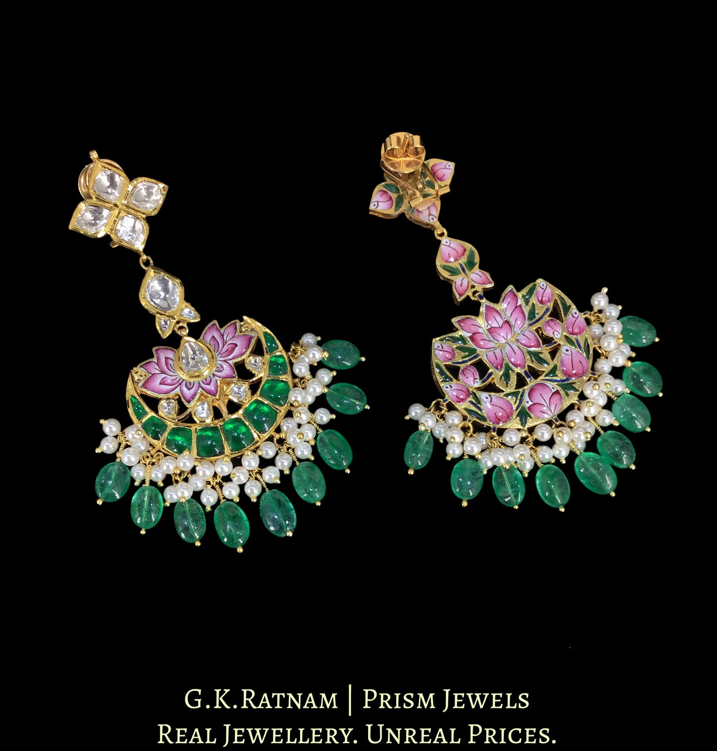 18k Gold and Diamond Polki Long Earring Pair with intricate Pink Enamelling