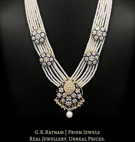 23k Gold and Diamond Polki Black Enamel Long Necklace with Natural Hyderabadi Pearls