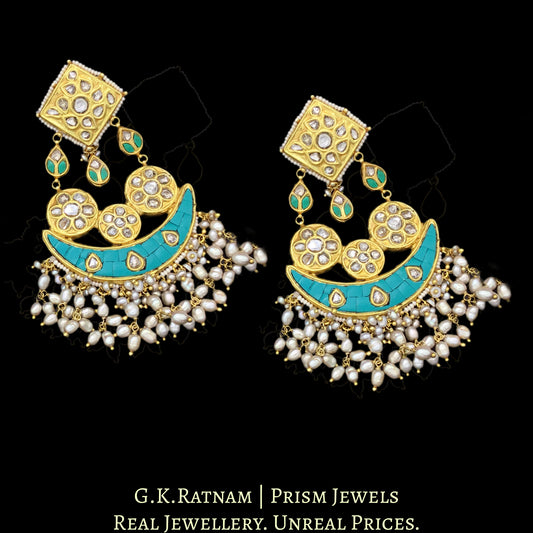 23k Gold and Diamond Polki Chandelier Earring Pair with Turquoise - G. K. Ratnam