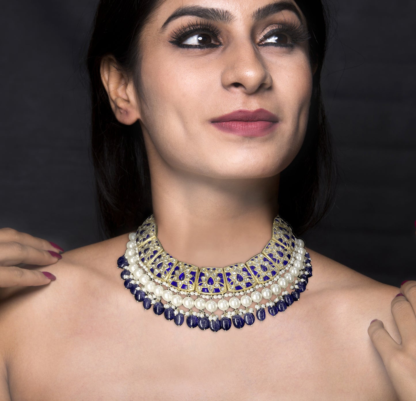 23k Gold and Diamond Polki Necklace Set with Blue Sapphires embedded around Uncuts - G. K. Ratnam