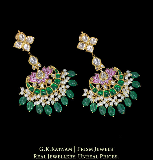 18k Gold and Diamond Polki Long Earring Pair with intricate Pink Enamelling