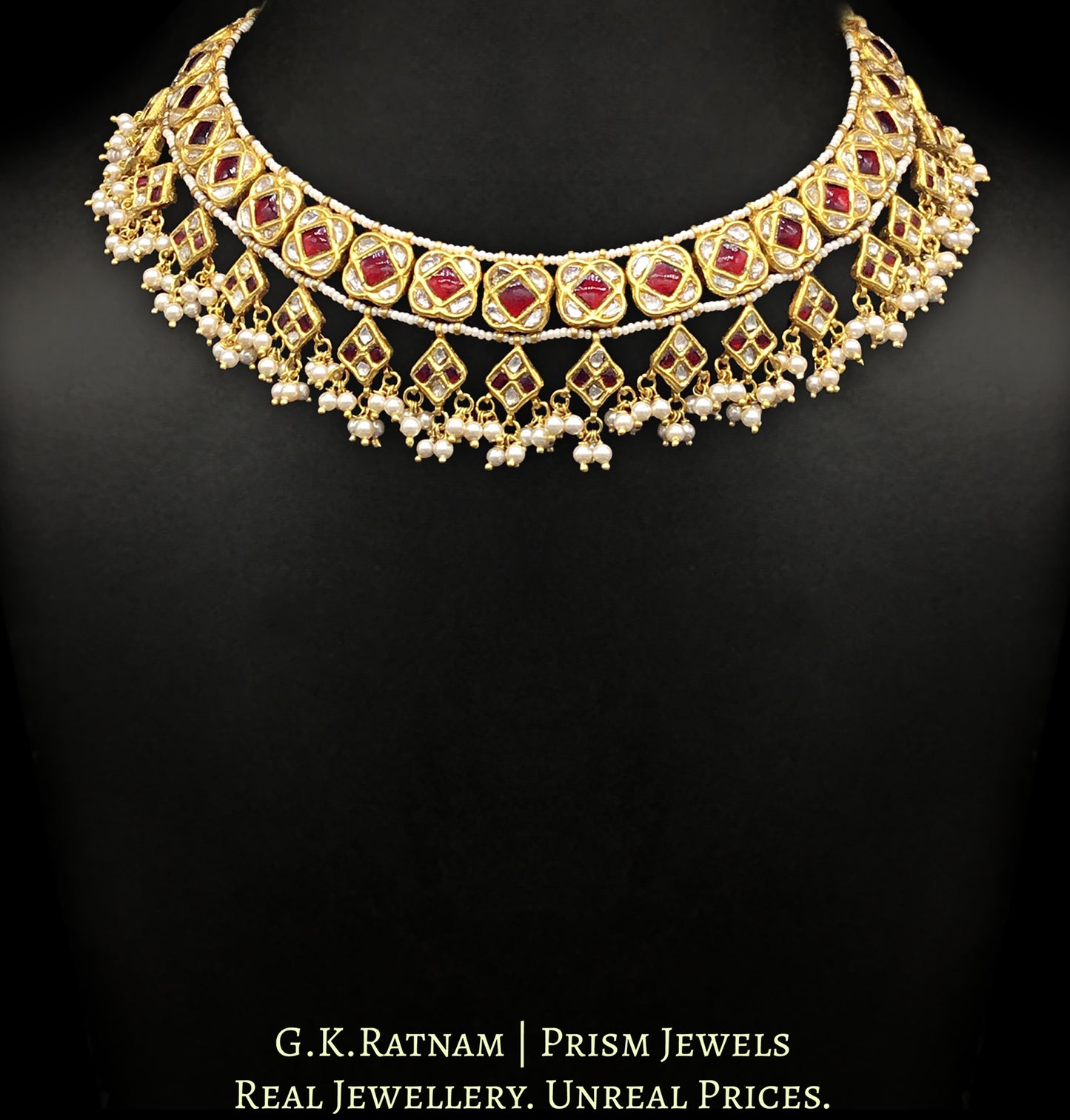 23k Gold and Diamond Polki Necklace with ruby-red stones and lustrous pearls