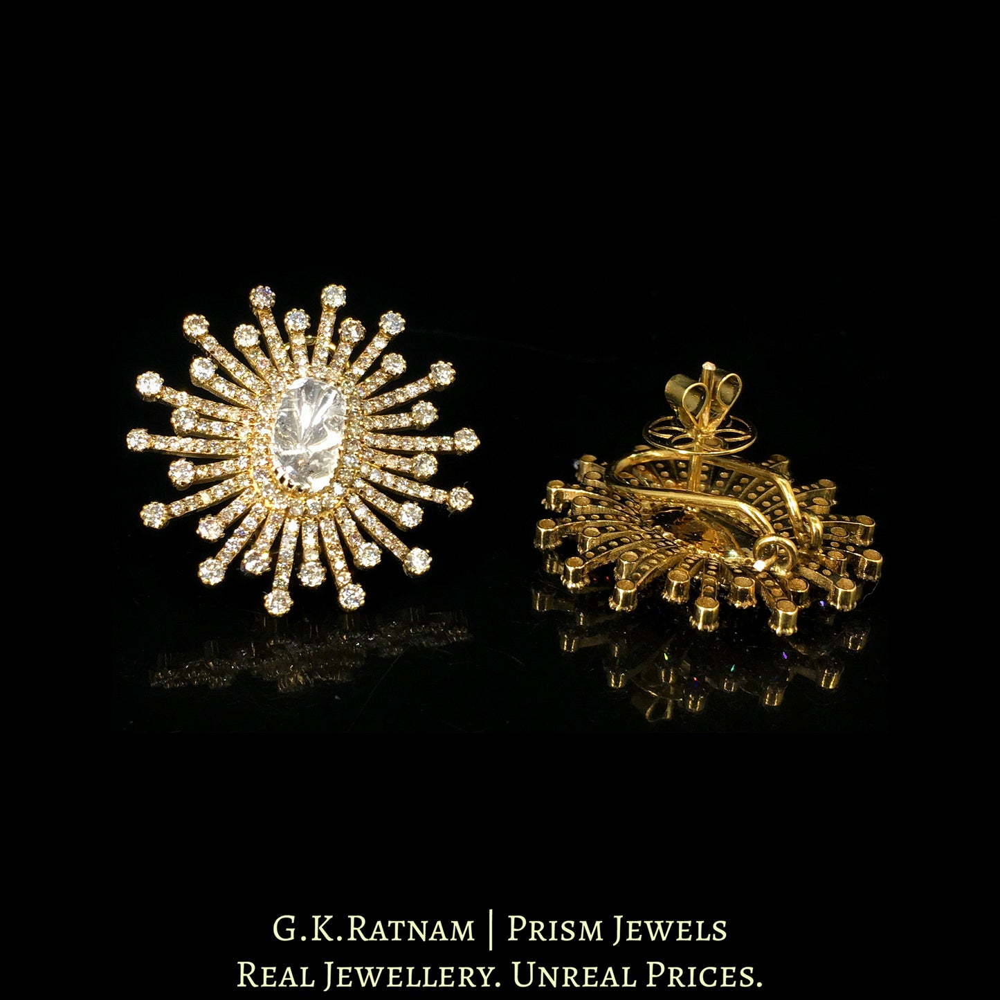 14k Gold and Diamond Polki Open Setting floral Karnfool Earring Pair in Antique Victorian Finish - G. K. Ratnam