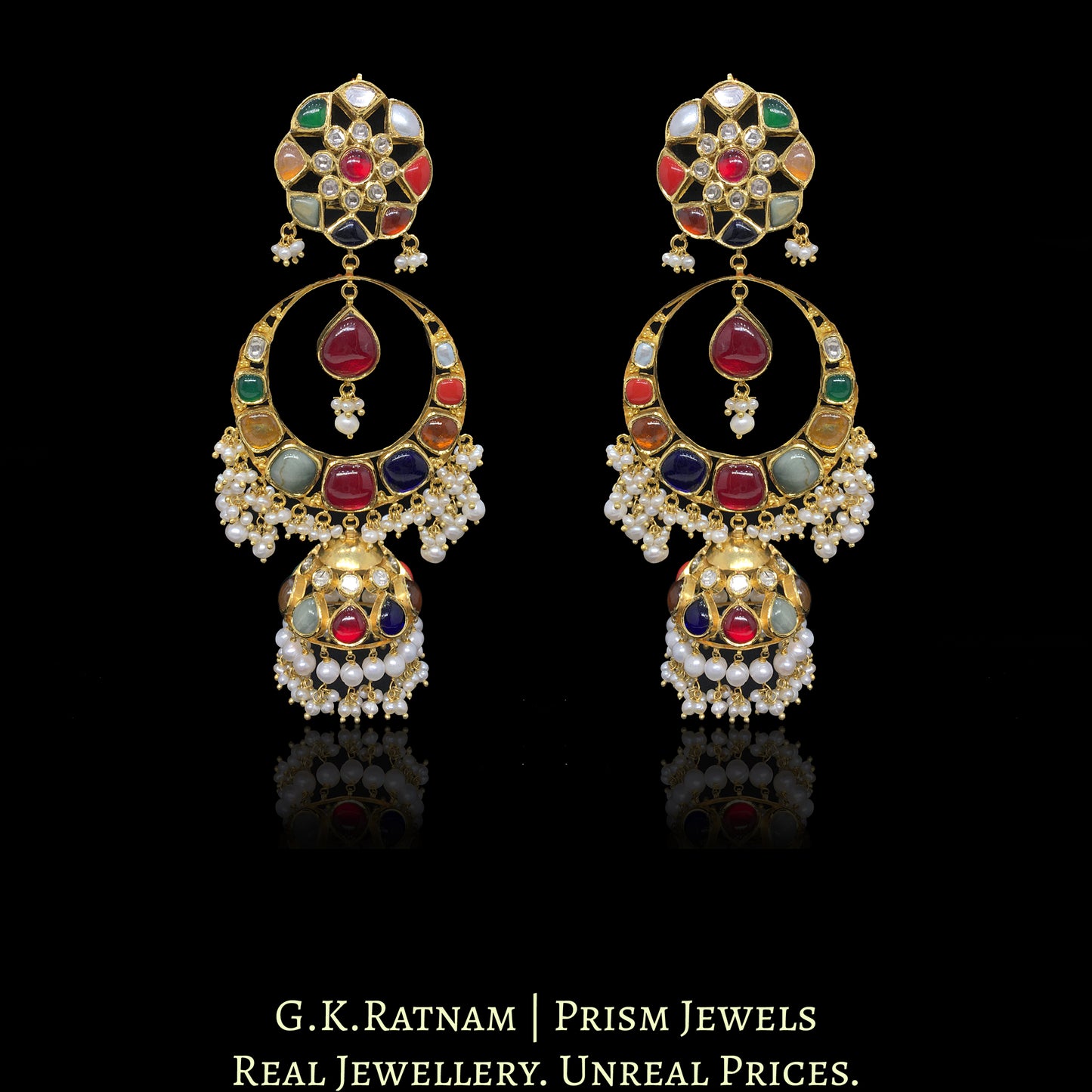 18k Gold and Diamond Polki Navratna Chand Bali with Jhumki Earring Pair