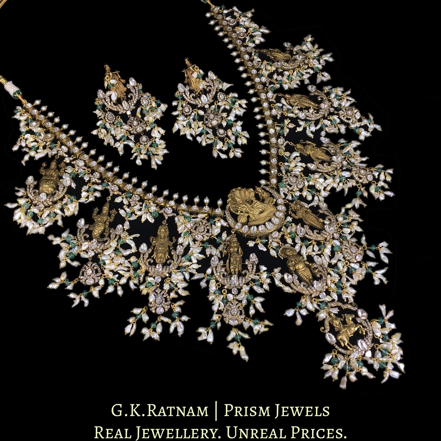 18k Gold and Diamond Polki Open Setting temple-style Guttapusalu Necklace Set in Victorian Finish - G. K. Ratnam