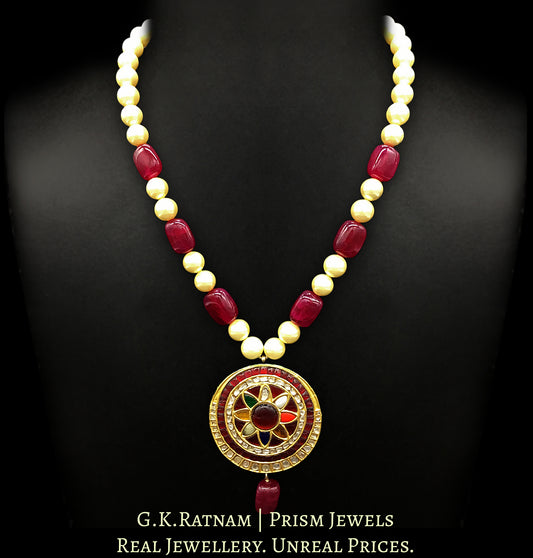 23k Gold and Diamond Polki Big Navratna Round Pendant with pearls and quartz - G. K. Ratnam